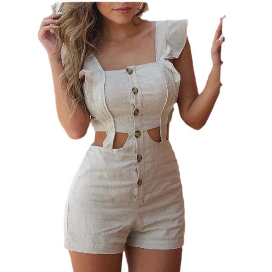 Damen Figurbetonter Playsuit mit Rüschendetails und Knopfleiste Heidi-Mode