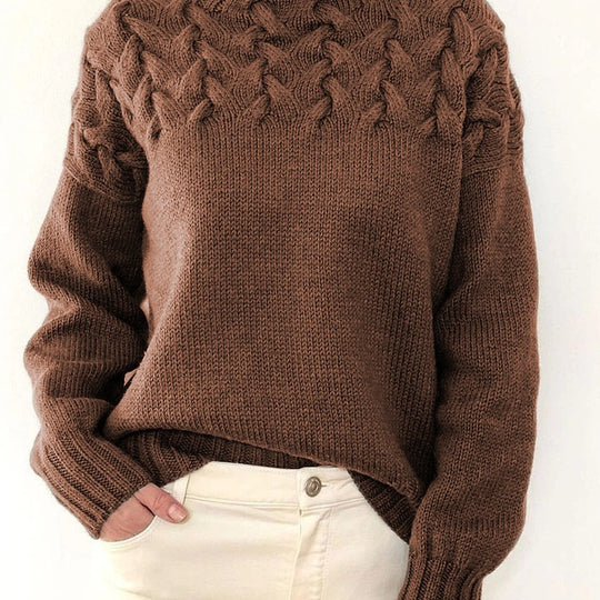 Damen Strickpullover mit hochgeschlossenem Kragen und trendigem Zopfmuster Heidi-Mode