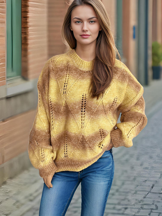 Damen lässiger Strickpullover mit modernem Lochmuster und voluminösen Ärmeln Heidi-Mode