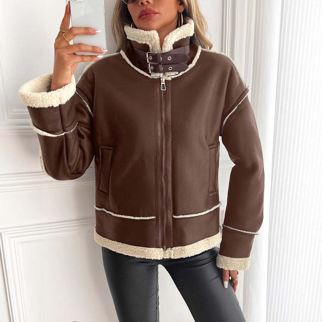 Damen stylische Kunstlederjacke mit Schaffellkragen Heidi-Mode