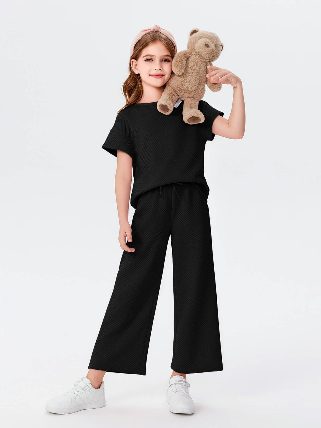 Damen lässiges Kurzarm-Oberteil und weit geschnittene Lounge-Hose Set Heidi-Mode