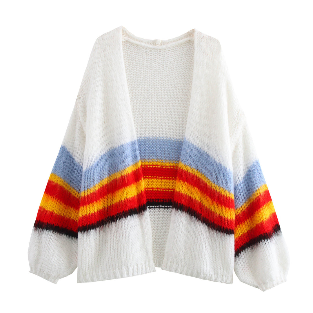Damen lässiger Strickcardigan mit bunten Streifen und weitem Schnitt Heidi-Mode