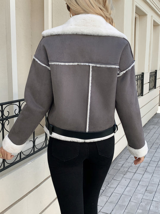 Damen modische jacke mit Kunstfellkragen und Gürtel Heidi-Mode