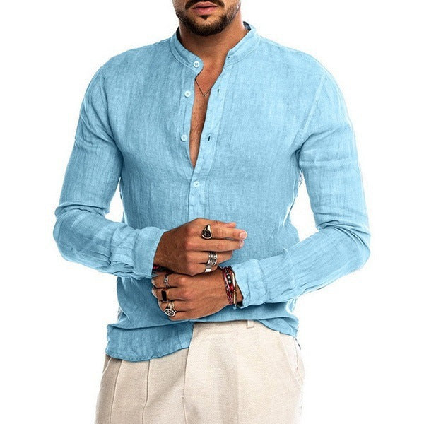 Herren Leinenhemd mit modernem Henley-Ausschnitt und Struktur Heidi-Mode