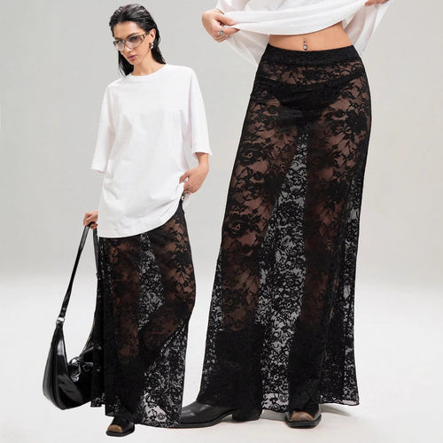 Damen Maxirock aus eleganter Spitze mit hohem Schlitz und voluminösem Schnitt Heidi-Mode