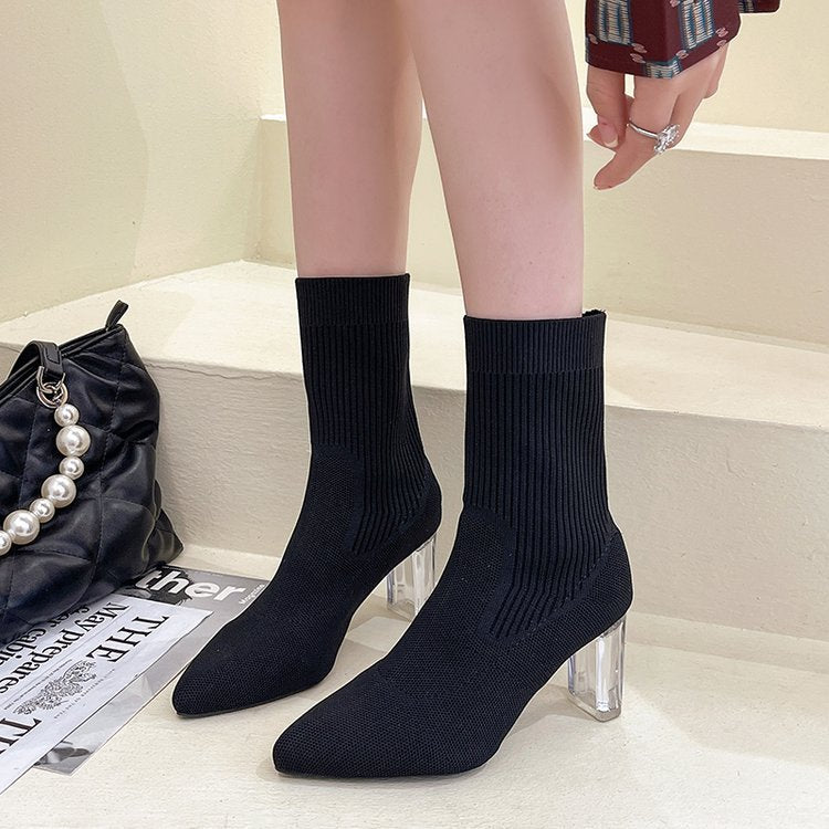 Damen Stiefeletten mit transparentem Absatz und elastischem Strickoberteil Heidi-Mode