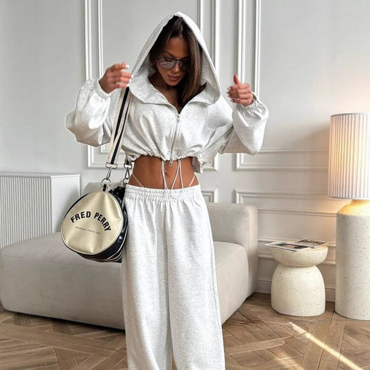 Damen Lässiger Cropped Hoodie mit hoher Taille und weitem Hosen Heidi-Mode
