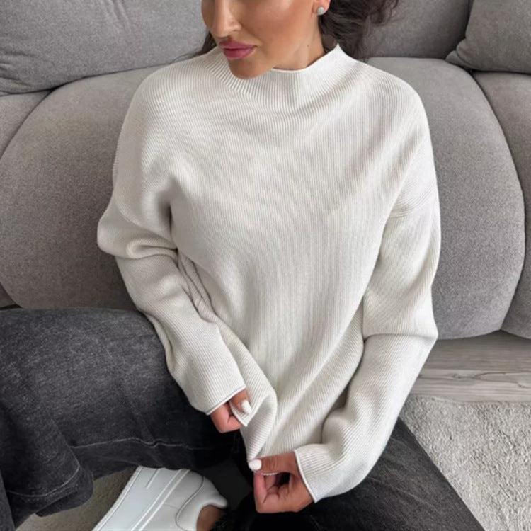 Damen Modernes Strickoberteil mit hochgeschlossenem Kragen und feinem Rippenmuster Heidi-Mode