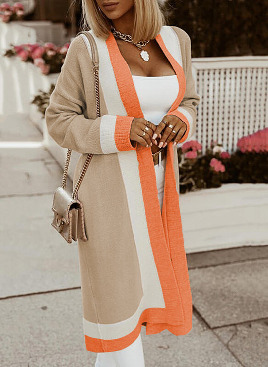 Damen lange Strickjacke mit Farbblockdesign und offenen Front Heidi-Mode