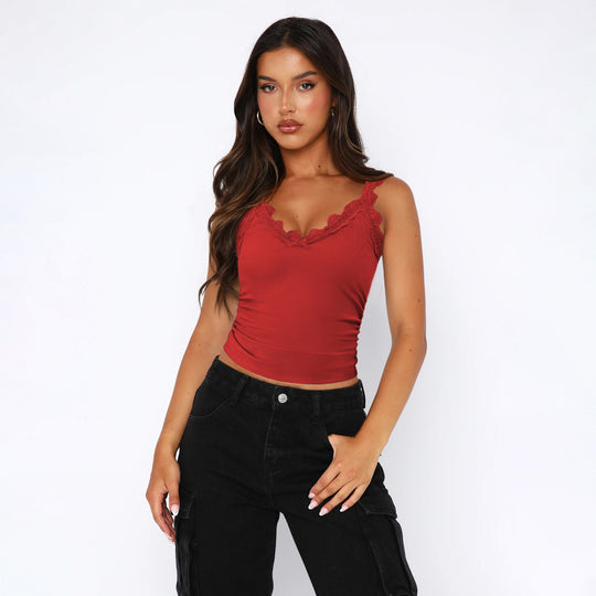 Damen Spitzen-Cami-Top mit verstellbaren Trägern und dekorativem Design Heidi-Mode