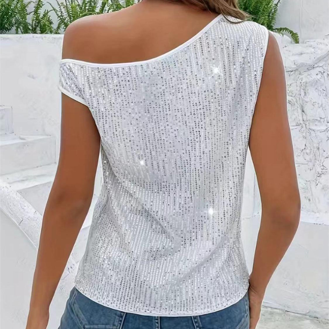 Damen Glitzerndes One-Shoulder Oberteil mit feinen Strassdetails Heidi-Mode