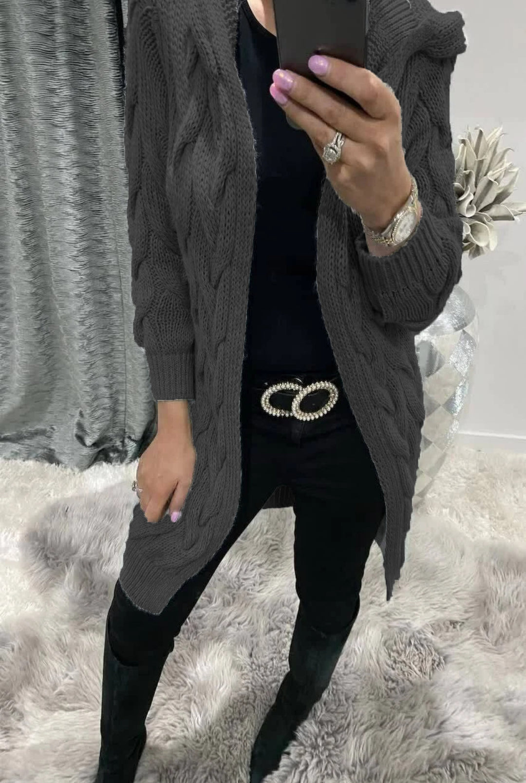 Damen Grobstrick-Cardigan mit Kapuze und Zopfmuster Heidi-Mode