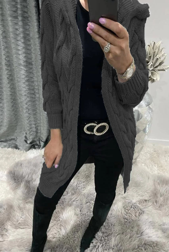 Damen Grobstrick-Cardigan mit Kapuze und Zopfmuster Heidi-Mode