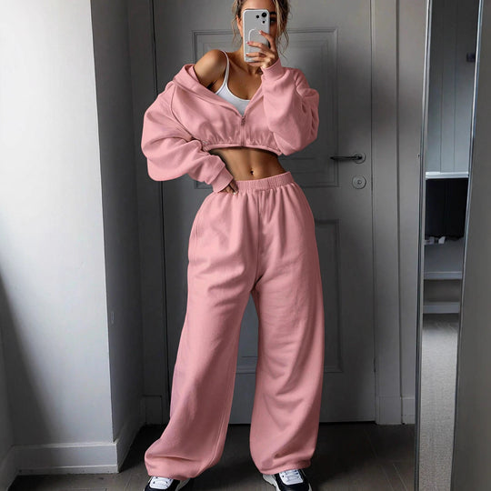 Damen lässiges Sweat-Set mit oversized Kapuzenjacke und weitem Bund Heidi-Mode