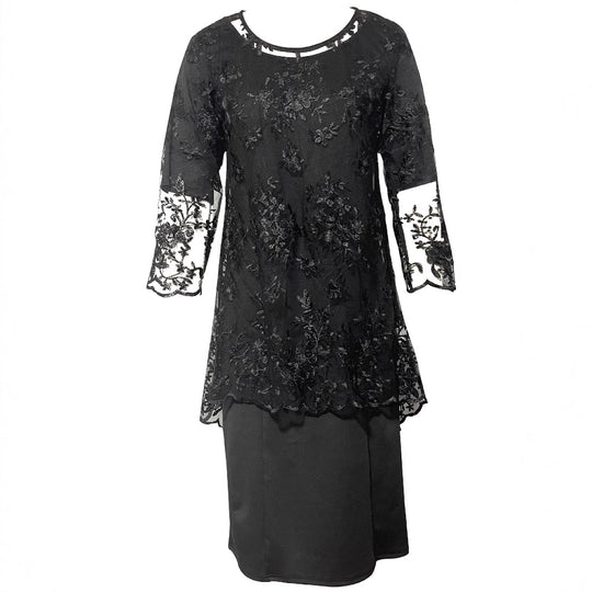 Damen Elegantes Blusen-Kleid mit floralen Spitze-Ärmeln und schwingendem Saum Heidi-Mode