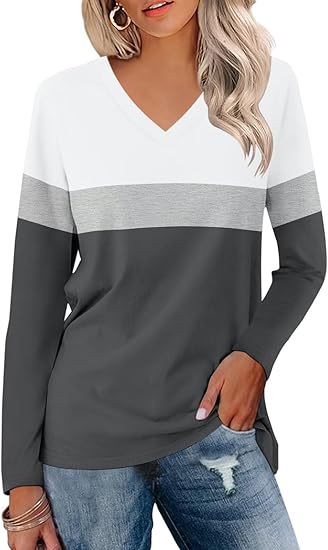 Damen Langarmshirt mit V-Ausschnitt und modernen Farbblöcken Heidi-Mode