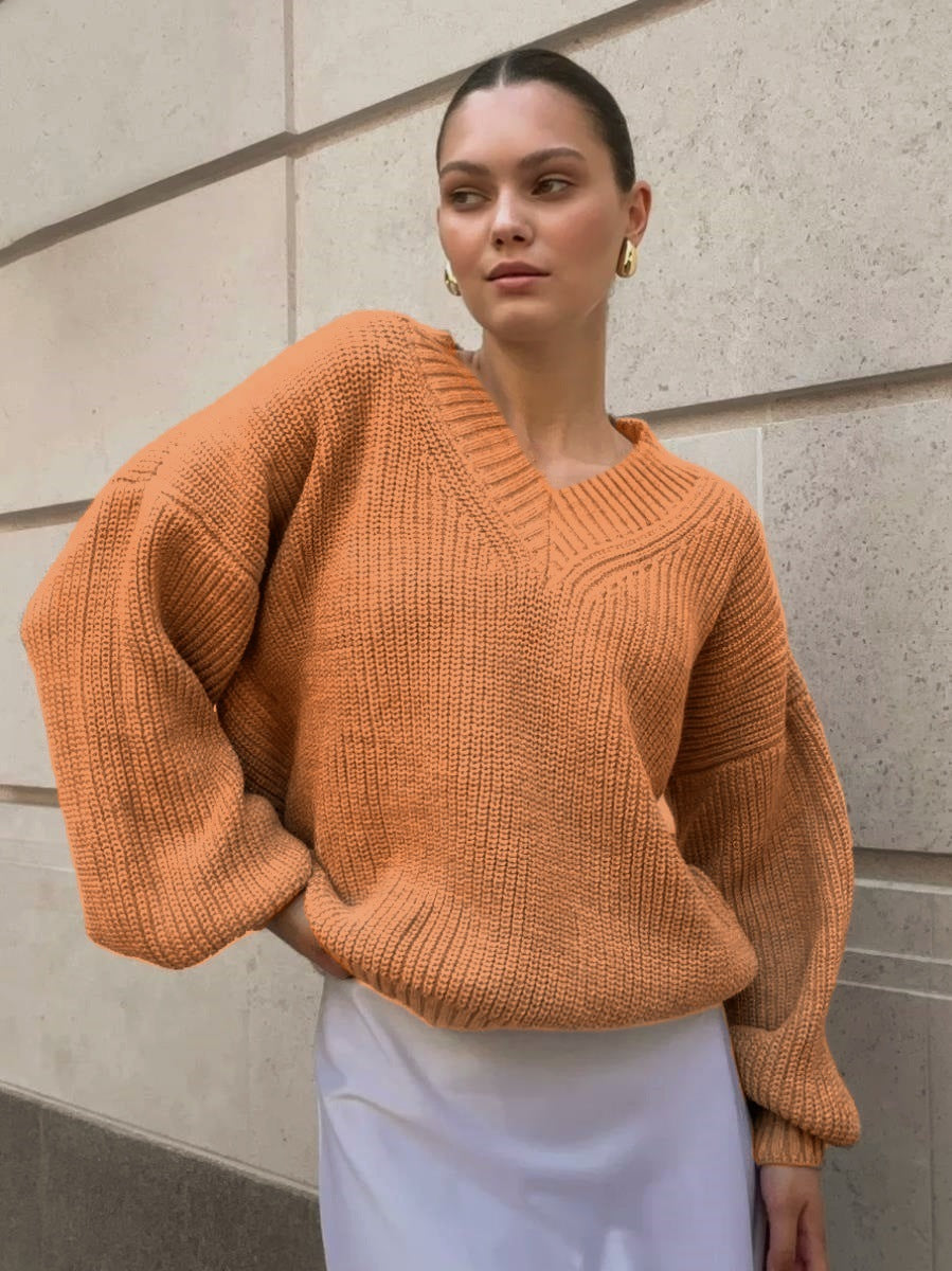 Damen V-Ausschnitt Strickpullover mit voluminösen Ärmeln und strukturierter Oberfläche Heidi-Mode