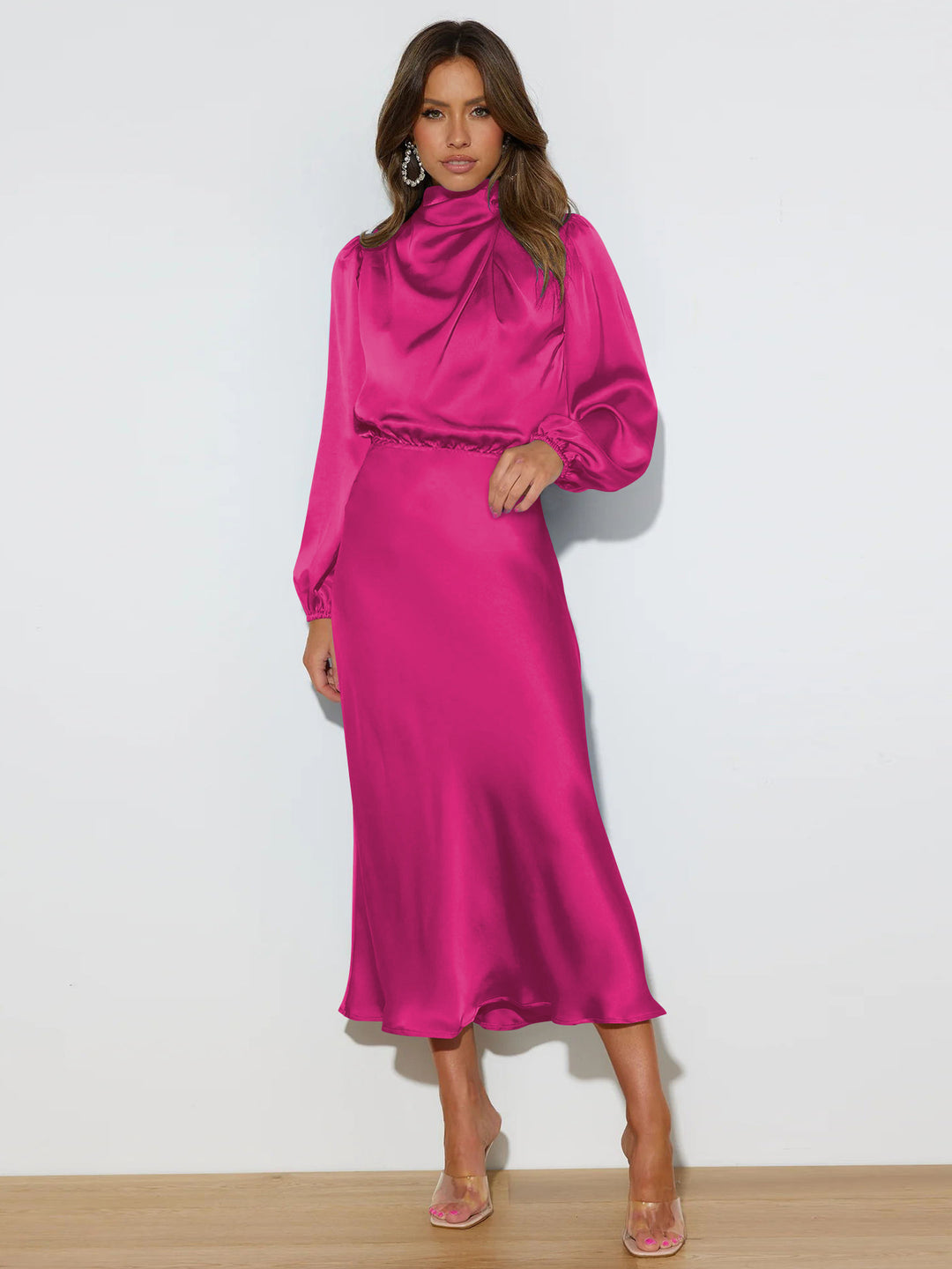Damen Satin-Maxikleid mit hohem Kragen und Raffungen Heidi-Mode