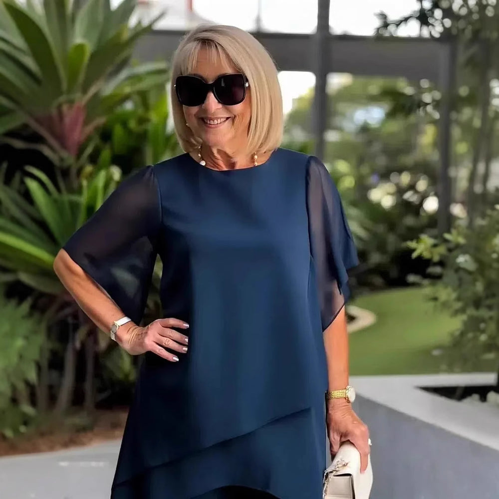 Damen elegantes Ensemble aus fließendem Oberteil und weitem Hose Heidi-Mode