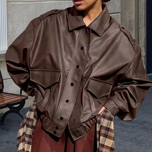 Damen Oversized Kunstlederjacke mit dekorativen Taschen und modischer Schnürung Heidi-Mode