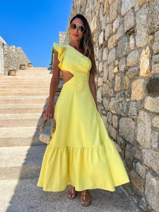 Damen Maxikleid mit asymmetrischem Design und verspieltem Rüschensaum Heidi-Mode