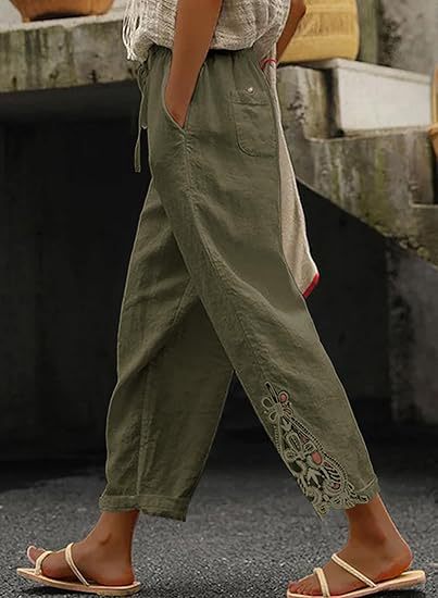 Damen luftige Leinenhose mit dekorativen Stickereien Heidi-Mode