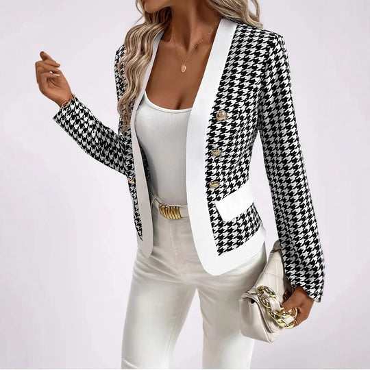 Damen Moderne Blazerjacke mit Hahnentrittmuster und eleganten Knöpfen Heidi-Mode