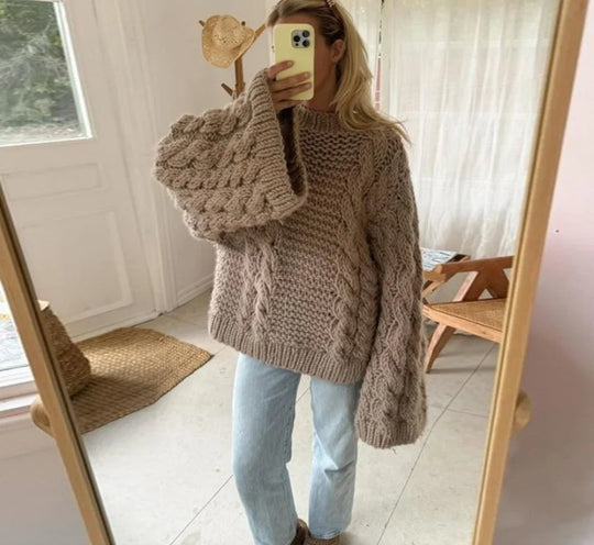 Damen oversize Strickpullover mit Zopfstrickmuster Heidi-Mode