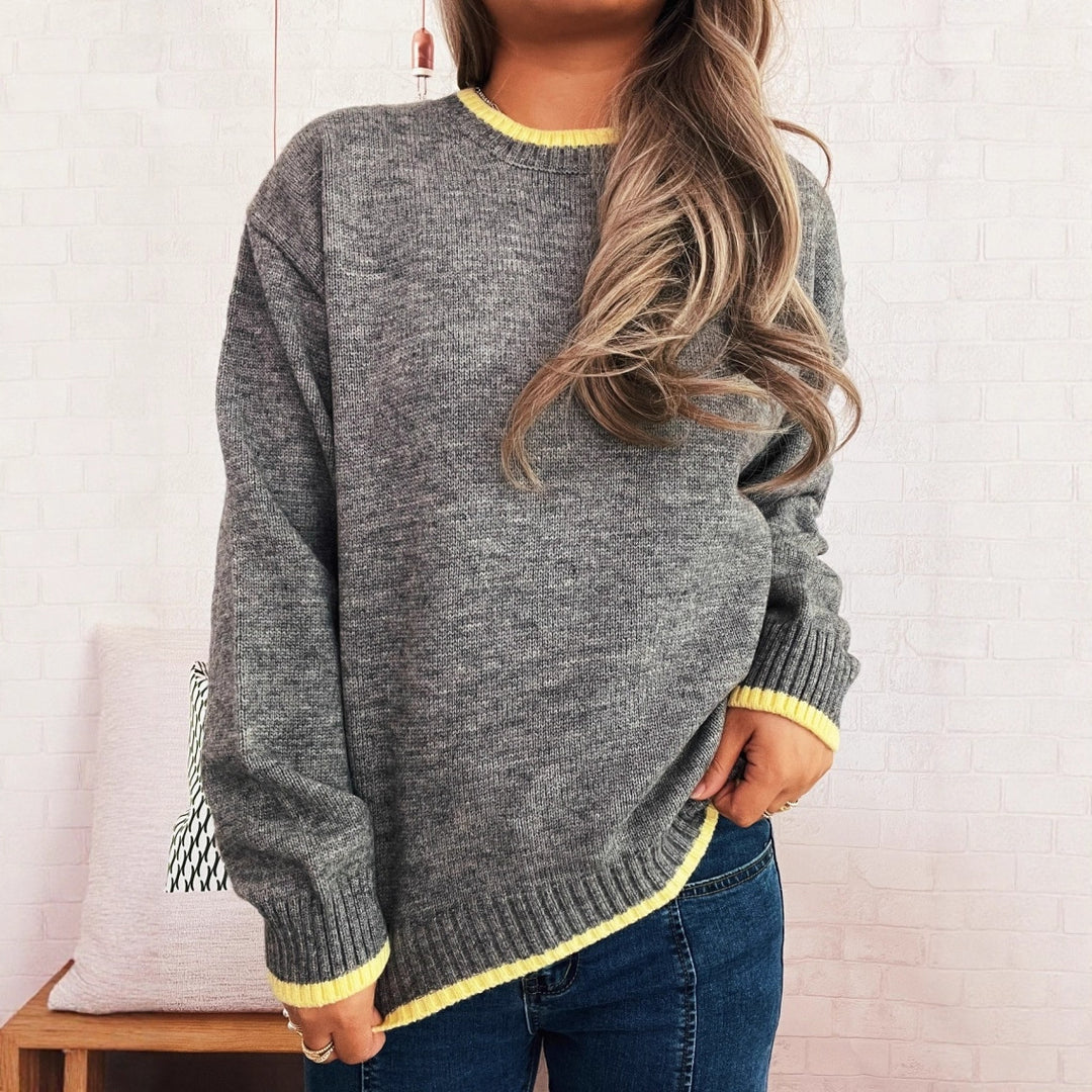Damen gemütlicher Strickpullover mit kontrastierenden Bündchen und lässigem Schnitt Heidi-Mode