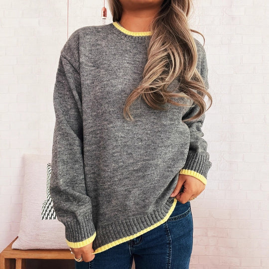 Damen gemütlicher Strickpullover mit kontrastierenden Bündchen und lässigem Schnitt Heidi-Mode