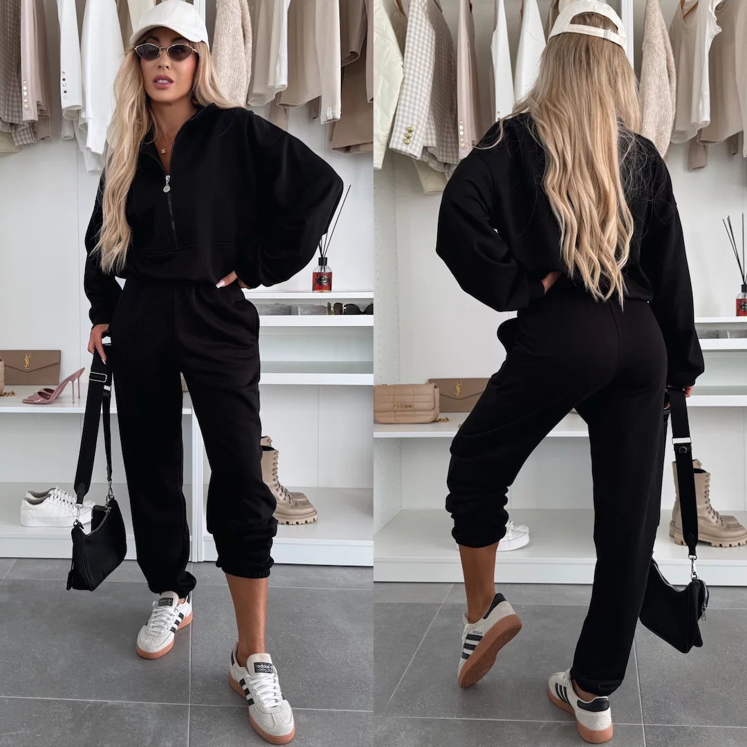 Damen Bequemer Freizeitanzug mit halbem Reißverschluss und elastischem Bund Heidi-Mode