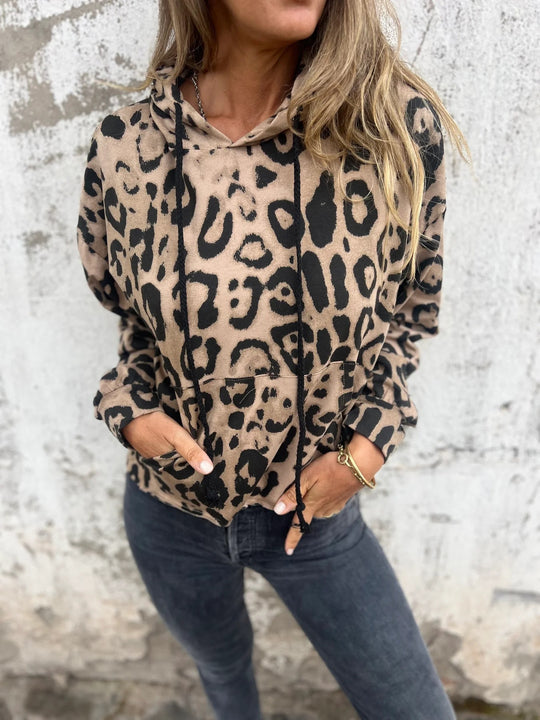Damen Kapuzenpullover mit lässigem Leopardenmuster und praktischen Seitentaschen Heidi-Mode