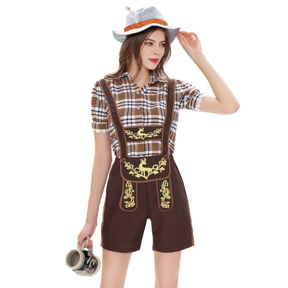 Damen Trachten-Latzhose mit kariertem Oberteil und dekorativer Stickerei Heidi