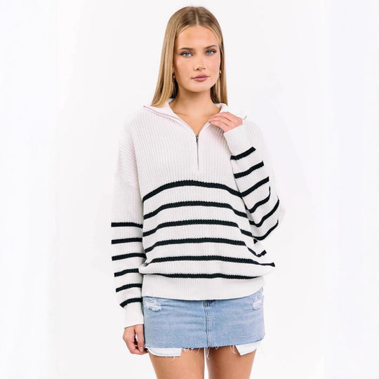 Damen sportlicher Strickpullover mit halbem Reißverschluss und Streifenmuster Heidi-Mode