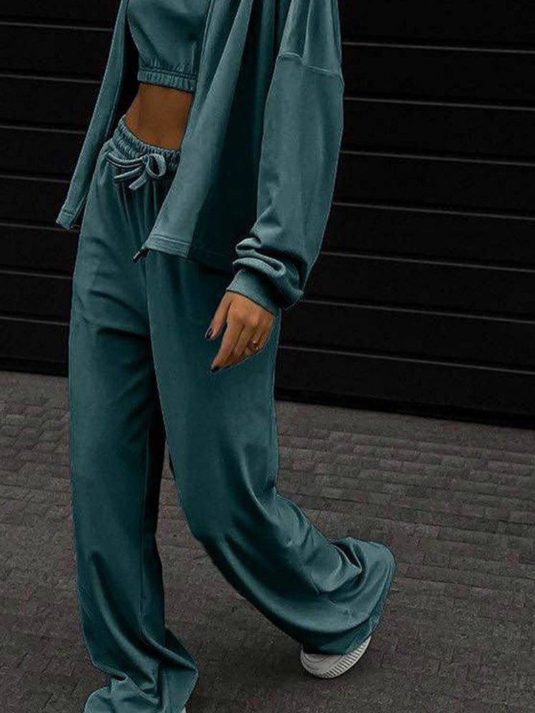 Damen lässiges Sport-Set mit hochtaillierten Hosen und cropped Oberteil Heidi-Mode