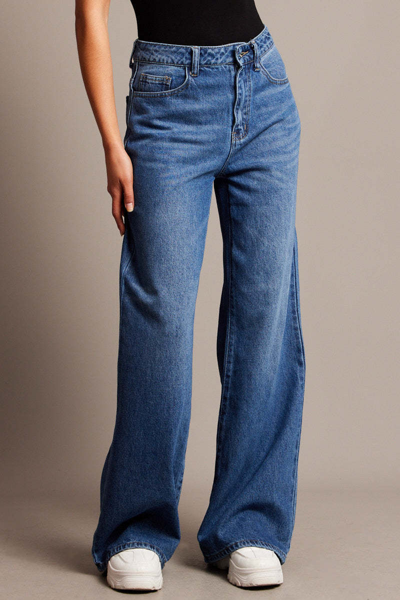 Damen Weit geschnittene High-Waist Jeans mit eleganten Falten Heidi-Mode