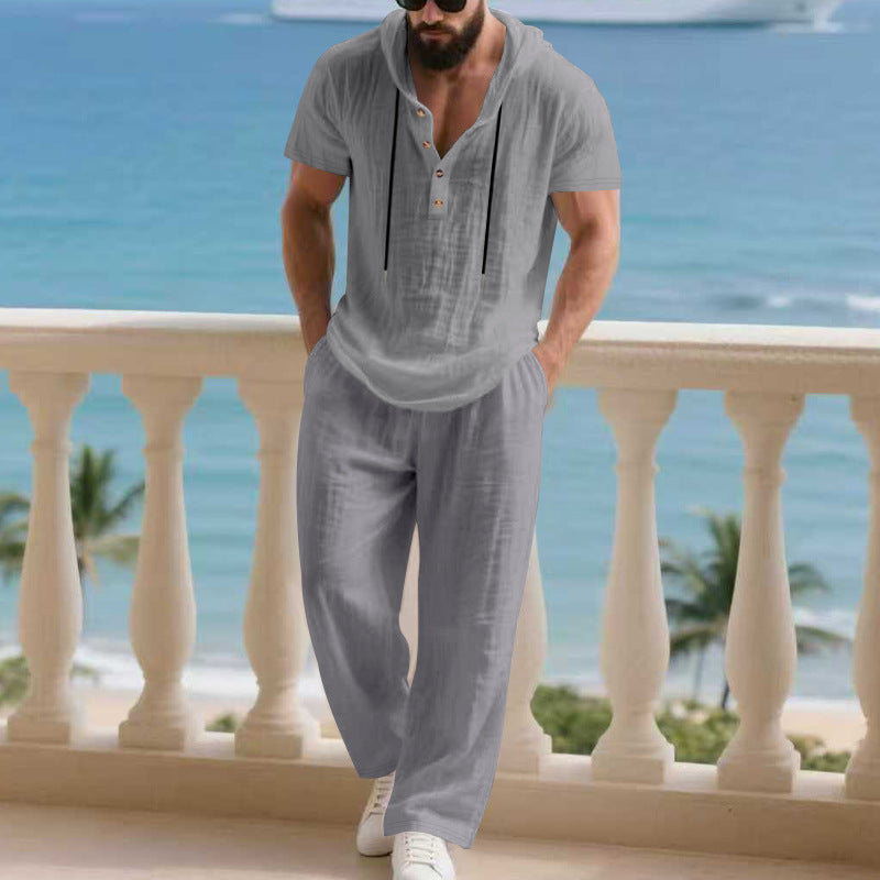 Herren komfortables Freizeit-Set mit modischem Henley-Oberteil und lockeren Hosen Heidi-Mode