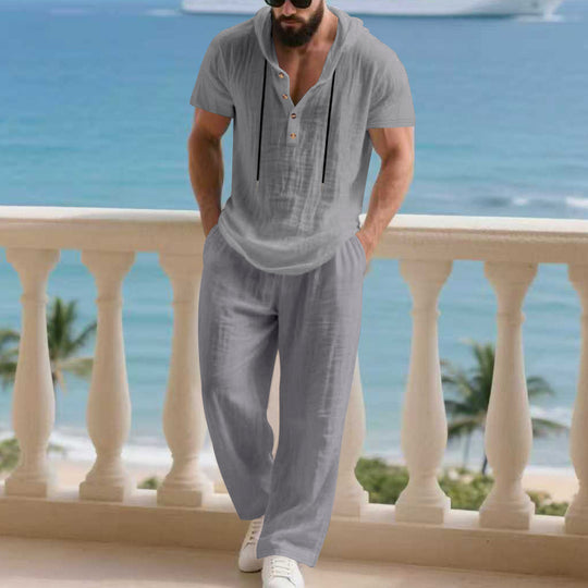 Herren komfortables Freizeit-Set mit modischem Henley-Oberteil und lockeren Hosen Heidi-Mode