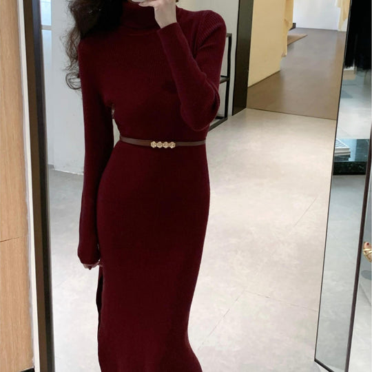 Femme Rippstrick Rollkragen Maxikleid mit elegantem Gürtel Heidi-Mode