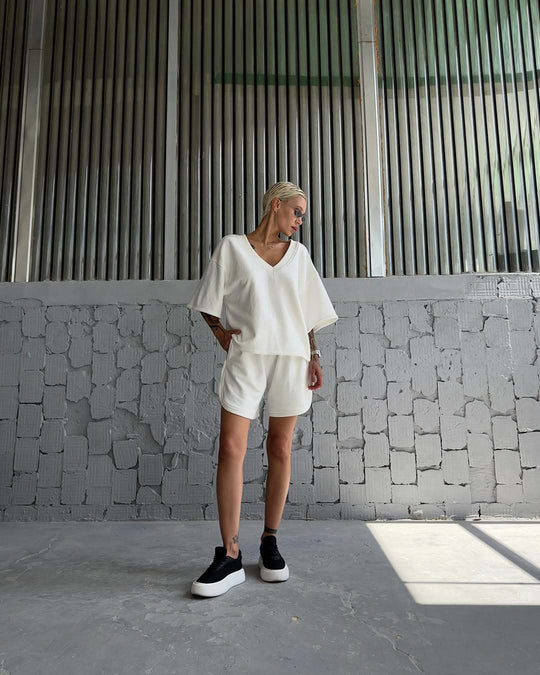 Damen lässiges Sport-Set mit V-Ausschnitt und weitem Schnitt Heidi-Mode