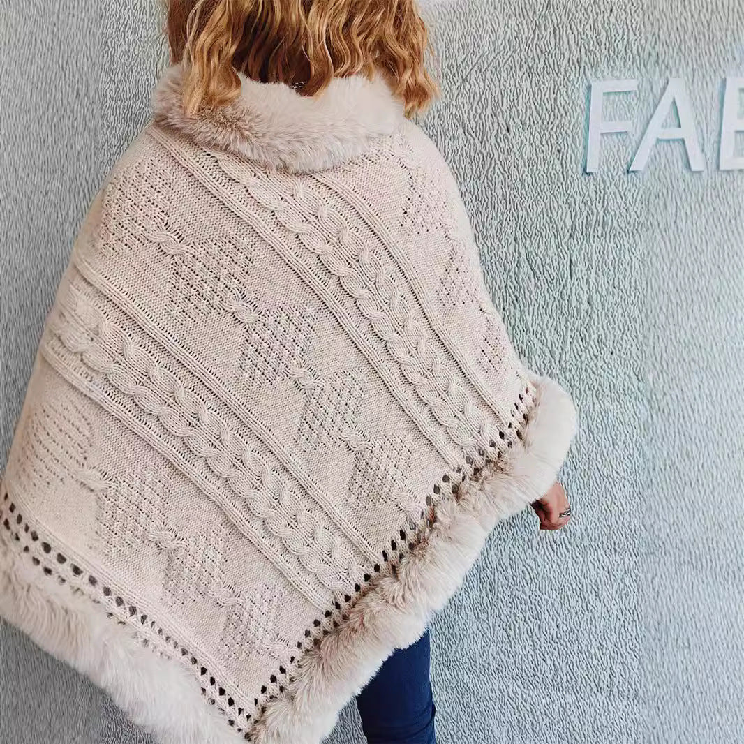 Damen Strickponcho mit dekorativem Kragen und gefüttertem Saum Heidi-Mode