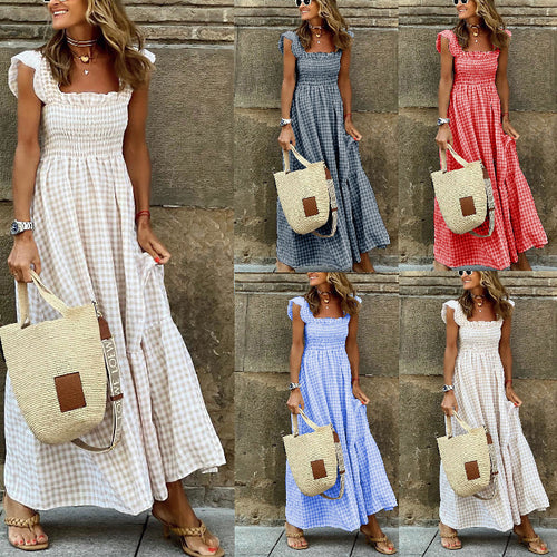 Heidi-Mode | Collage Plaid Spaghetti-Träger Elastischer Großer Saum Kleid