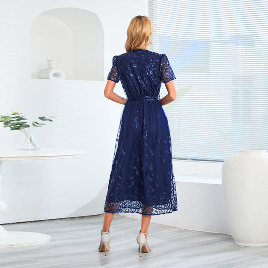 Heidi-Mode | Kurzärmliges Kreuz V-Ausschnitt Gürtel Midi Kleid