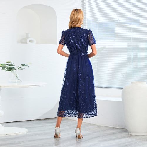 Heidi-Mode | Kurzärmliges Kreuz V-Ausschnitt Gürtel Midi Kleid