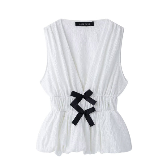 Damen ärmelloses Oberteil mit dekorativen Schleifen und elastischem Bund Heidi-Mode