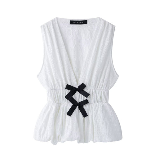 Damen ärmelloses Oberteil mit dekorativen Schleifen und elastischem Bund Heidi-Mode