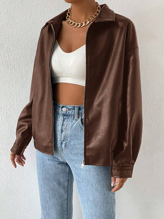 Damen trendige Kunstlederjacke im modernen Schnitt mit lässigem Reißverschluss Heidi-Mode