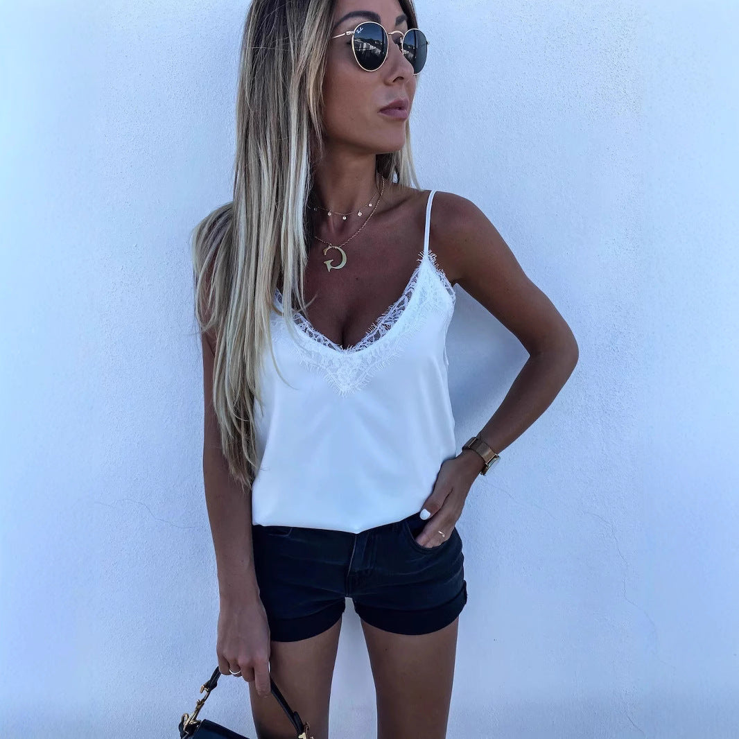 Damen Satin-Top mit Spitzenverzierung Heidi-Mode