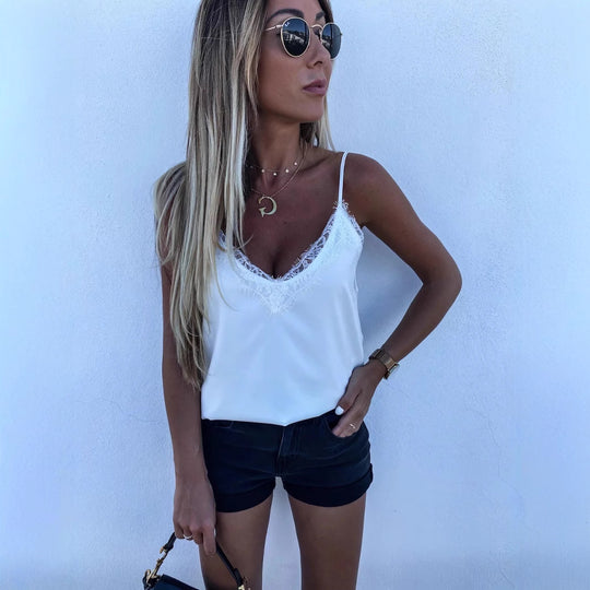 Damen Satin-Top mit Spitzenverzierung Heidi-Mode