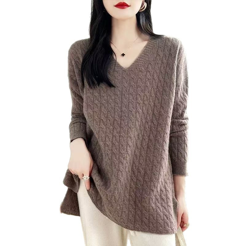 Damen Grobstrickpullover mit V-Ausschnitt und lässigem Schnitt Heidi-Mode